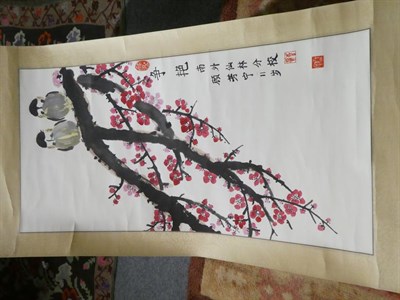 Lot 31 - Chinese School Scroll painting of flowering prunus by moonlight with script and seal mark...