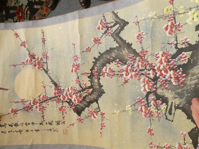 Lot 31 - Chinese School Scroll painting of flowering prunus by moonlight with script and seal mark...