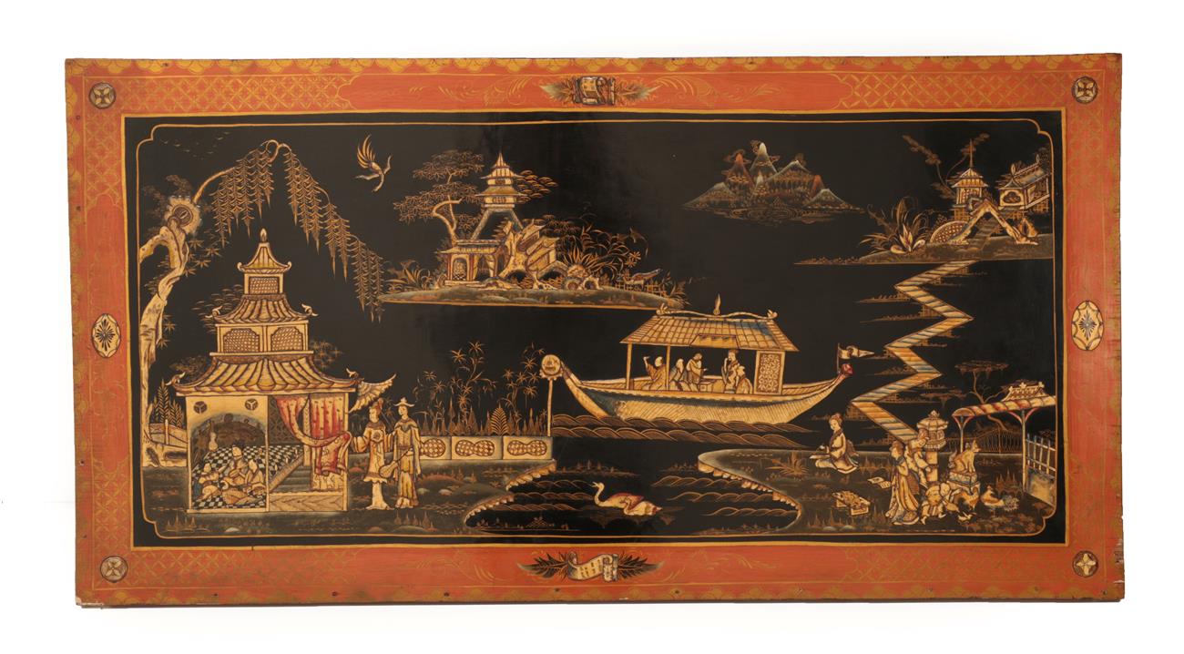 Lot 32 - A Chinese Lacquer Panel, early 20th century, of rectangular form, decorated with figures, boats and
