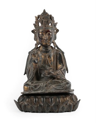 Lot 34 - A Chinese Gilt Bronze Buddha, Ming Dynasty, probably 16th century, seated with scroll crown and...