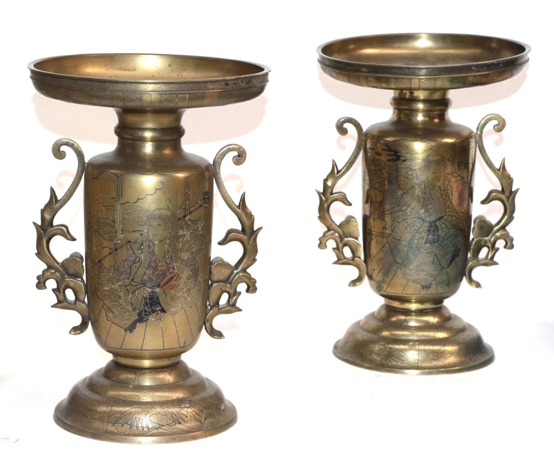 Lot 49 - A Pair of Japanese Mixed Metal Inlaid Bronze Vases, Meiji period, of baluster form with flared...