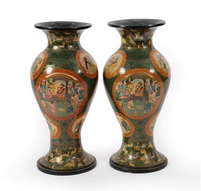 Lot 58 - A Pair of Indian Lacquered Papier Mâché Vases, 20th century, of baluster form with flared...