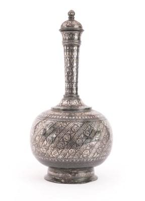Lot 64 - An Indian Bidri Ware Bottle and Cover, 18th century, of ovoid form with cylindrical neck, decorated