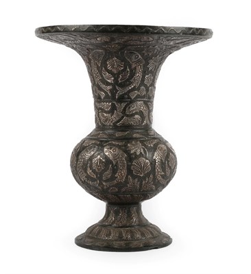 Lot 66 - An Indian Bidri-Ware Vase, 19th century, of campana form, inlaid with fish amongst foliage,...