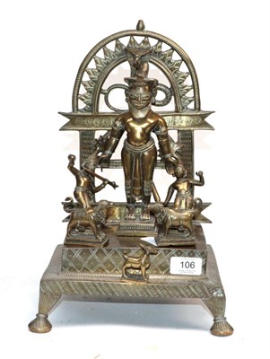 Lot 106 - An Indian Bronze Shrine, 19th century, as Vishnu on an architectural arch, flanked by Rama and...