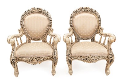 Lot 108 - A Pair of Anglo-Indian Bone Veneered Armchairs, early 20th century, in Neo-Rococo style, the...