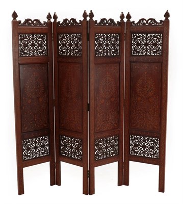 Lot 109 - An Anglo-Indian Marquetry Four-Fold Screen, 19th century, with foliate scroll and spade...