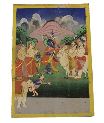 Lot 111 - Indian School (Jaipur, late 19th century) Krishan lifting Mount Govardhan to protect villagers...