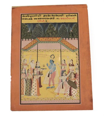 Lot 112 - Indian School (Rajasthan, 19th century) Krishna standing on a dais accepting gifts from...