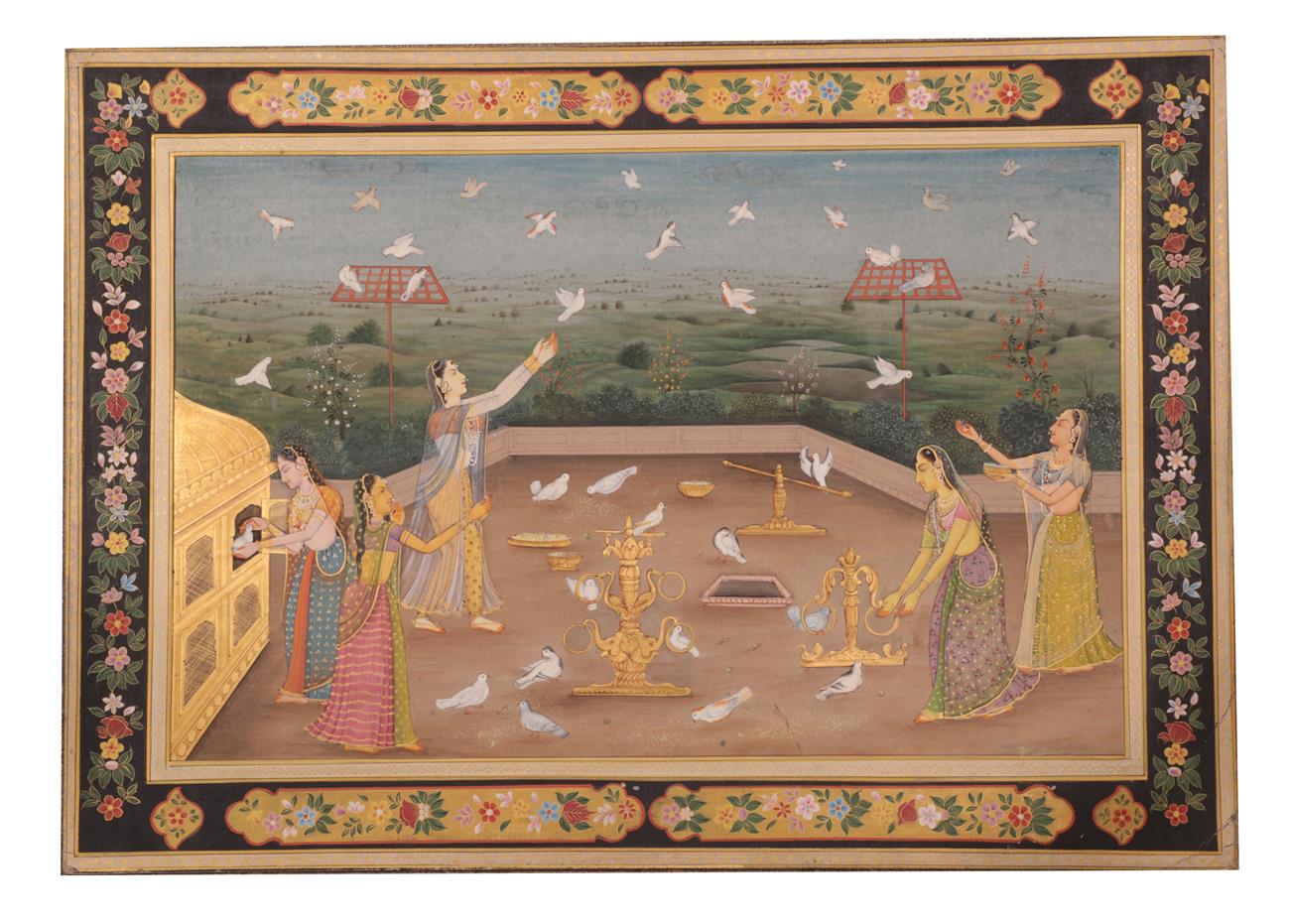 Lot 119 - Indian School (Rajasthan, 19th century) Courtly ladies feeding pigeons on a rooftop terrace...