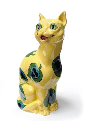 Lot 1451 - A Foley Intarsio Cat, designed by Frederick Rhead, with glass eyes, painted with blue hearts on...