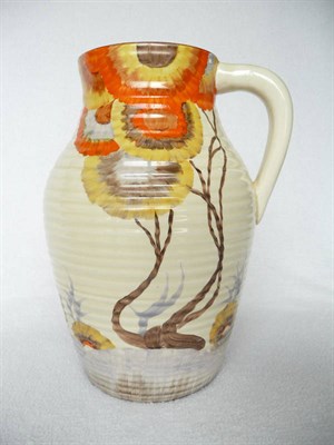 Lot 1452 - A Clarice Cliff Bizarre "Rhodanthe" Single Handled Lotus Jug, printed marks, 29cm