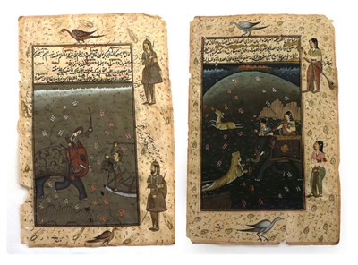 Lot 133 - Indian School (19th century) Hunting scene and a battle scene with elephants and with script within