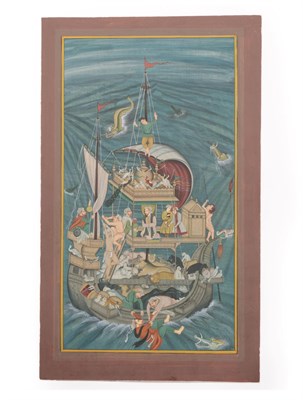 Lot 160 - Manner of Ramesh Sharma  Svayambhuva Manu in his ark with sailors, attendants and animals Pen...