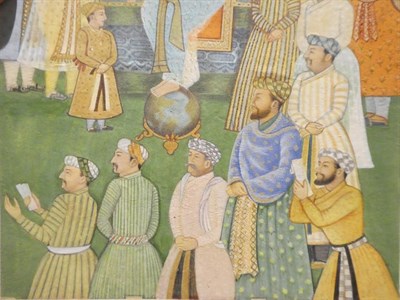 Lot 164 - Indian School (late 19th century), in Mughal style Jahangir in Darbar with his foot on a globe...