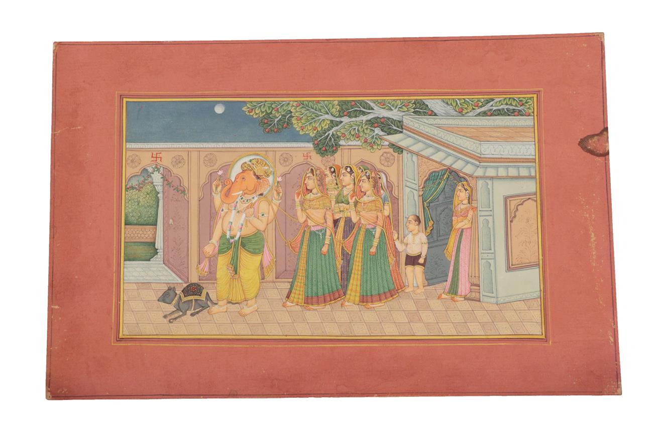 Lot 168 - Indian School (Rajasthan, late 19th century) Ganesha and attendants in a garden  Gouache heightened