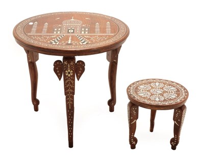 Lot 170 - An Indian Ivory Inlaid Marquetry Occasional Table, early 20th century, the circular top with a view