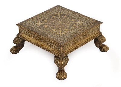 Lot 171 - An Indian Brass Low Table or Stool, 19th century, of square form with central foliate roundel...