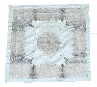 Lot 173 - Indian Silk and Metal Thread Embroidered Panel, 20th century The pale aquamarine field with central