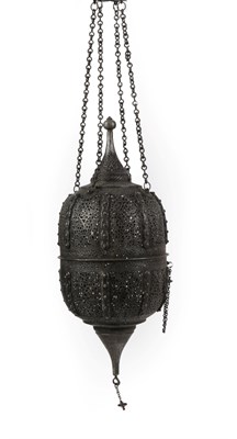 Lot 177 - A Steel Mosque Lamp, 19th century, of ovoid form with minaret finials, cast and pierced with...