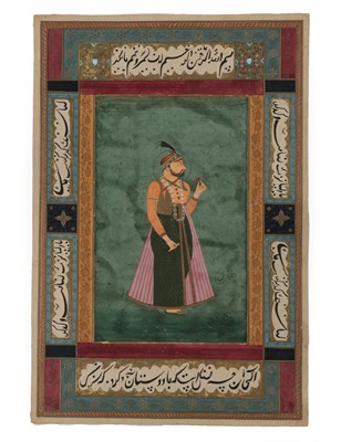 Lot 186 - Qajar (19th century) Portrait of a Mughal Ruler within a border of calligraphy and foliate...