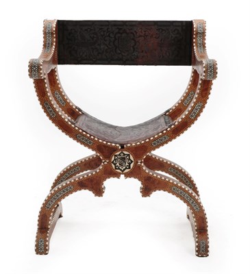 Lot 189 - A Bone Inlaid and Parquetry Savonarola Armchair, late 19th century, with leather back over...