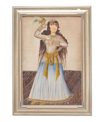 Lot 199 - Qajar School (late 19th/early 20th century) Portrait of a lady with a bird perched on her right...
