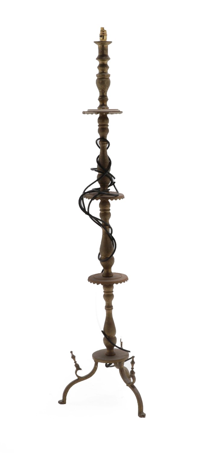Lot 203 - A Cairo Ware Brass Lamp Stand, early 20th century, of knopped baluster form, with four circular...