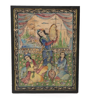 Lot 204 - A Qajar Tile Panel, late 19th/early 20th century, in Safavid style, depicting three musicians...