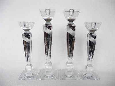 Lot 1460 - A Pair of Czechoslovakian/Bohemian Glass Candlesticks, of square section form with frosted and...