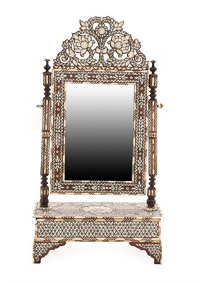Lot 218 - A Damascus Mother-of-Pearl and Bone Inlaid and Pewter Strung Hardwood Toilet Mirror, late...