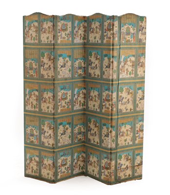 Lot 223 - A Persian Four-Fold Screen, 20th century, the cut fabric printed with scenes from legend and...