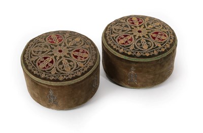 Lot 243 - A Pair of Ottoman Style Velvet Drum Footstools, 20th century, gilt embroidered with foliage and...
