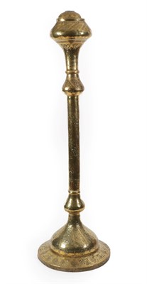 Lot 260 - A Cairo Ware Brass Lamp Stand, late 19th century, with domed top, ovoid reservoir and knopped...