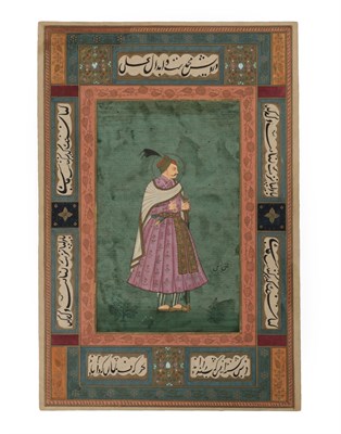 Lot 270 - Qajar (19th century) Portrait of a Mughal Ruler within a border of calligraphy and foliate...