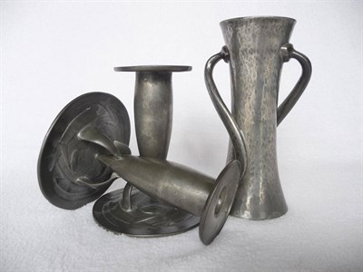 Lot 1466 - A Pair of Liberty & Co "Tudric" Pewter Candlesticks, designed by Archibald Knox, each with...