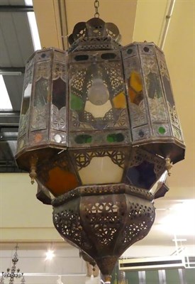 Lot 280 - A Turkish Patinated Brass and Coloured Glass Lantern, late 19th/early 20th century, of square...