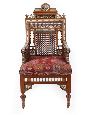 Lot 283 - A Damascus Mother-of-Pearl and Bone Inlaid Ebonised Hardwood Throne Chair, late 19th century,...