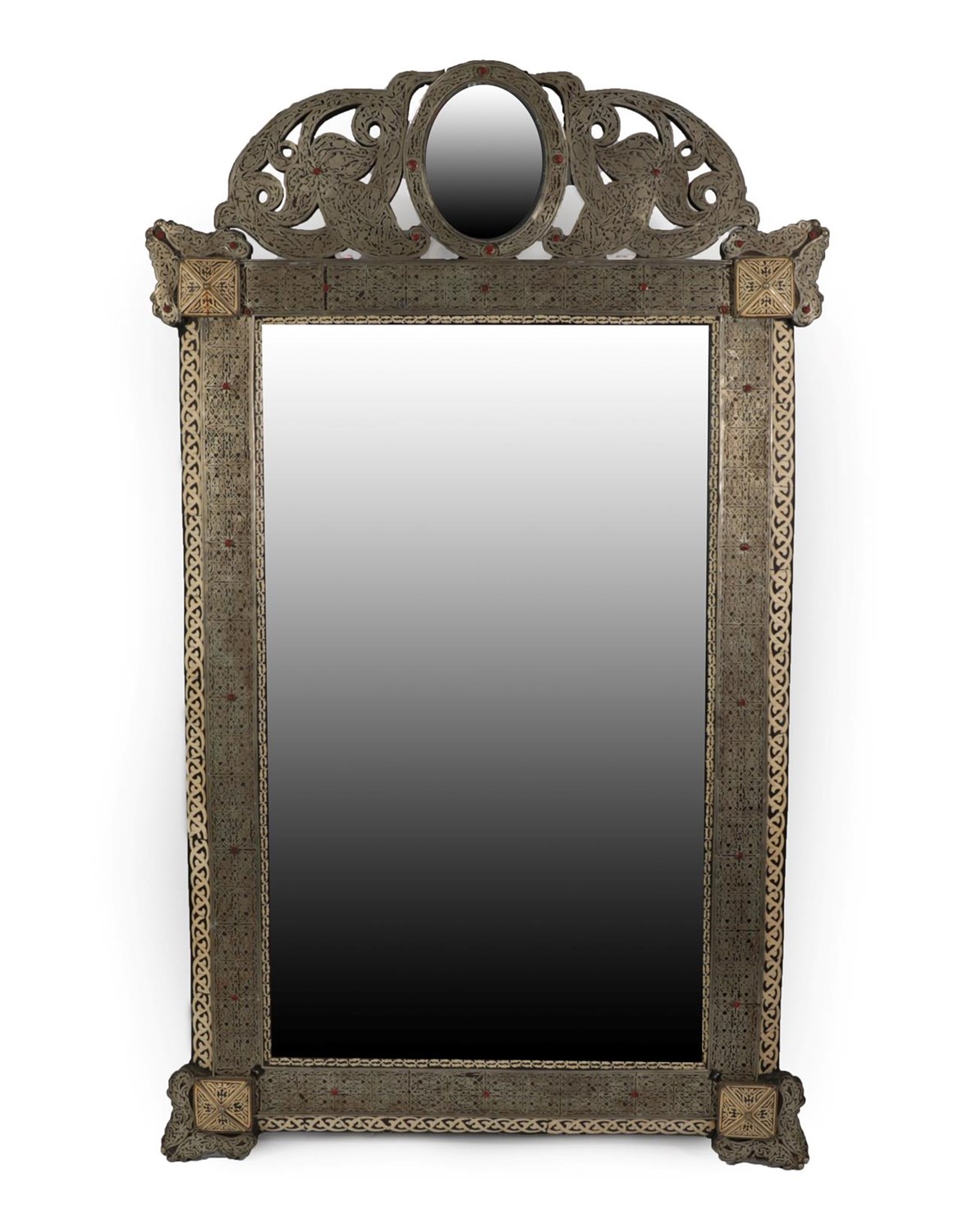 Lot 289 - A Damascus Bone Inlaid and White Metal Mounted Hardwood Overmantel Mirror, late 19th/early 20th...