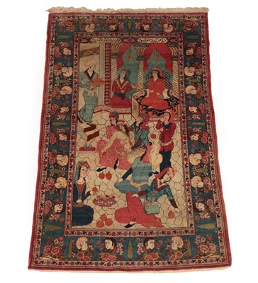 Lot 296 - Kashan Pictorial Rug Central Iran, circa 1940 The polychrome scene depicting a harem scene enclosed