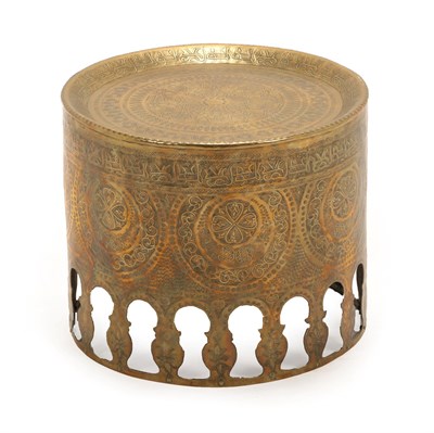 Lot 311 - A Cairo Ware Brass Drum Shaped Occasional Table, late 19th/early 20th century, with central...