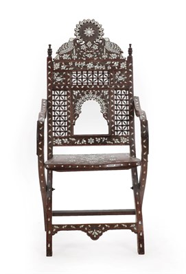 Lot 317 - A Damascus Mother-of-Pearl and Pewter Inlaid Hardwood Folding Chair, late 19th century, with...