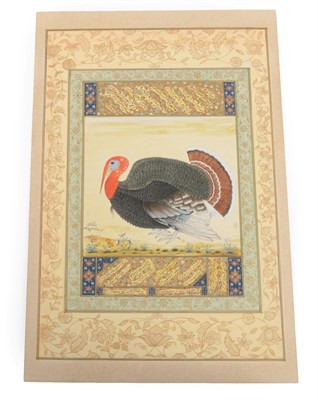 Lot 326 - Qajar (early 20th century) Study of a turkey cock within calligraphic panels and foliate...