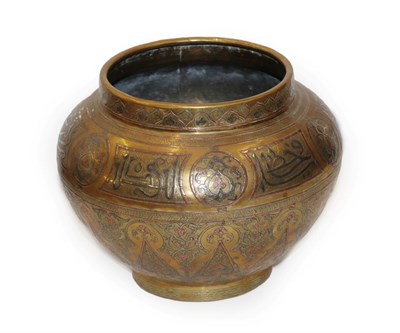 Lot 336 - A White Metal and Copper Inlaid Cairo Ware Jar, 19th century, of ovoid form, worked with panels...