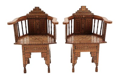 Lot 349 - A Pair of Damascus Bone, Mother-of-Pearl and Marquetry Armchairs, early 20th century, with...