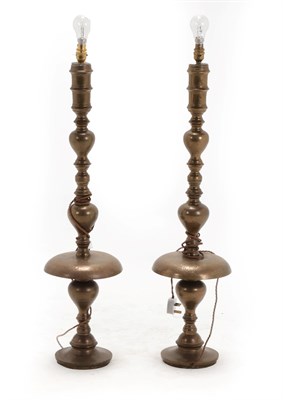 Lot 352 - A Pair of Ottoman Patinated Brass Lamp Stands, late 19th/early 20th century, of knopped...