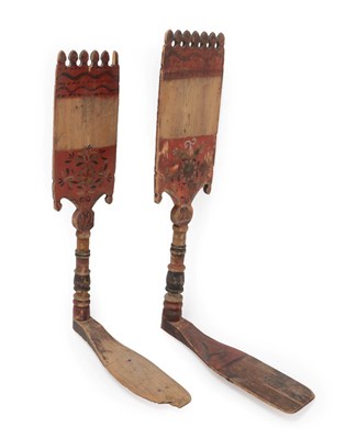 Lot 371 - A Pair of Painted Pine Wool-Winder Distaffs, dated 1921, of rectangular form, on turned columns and