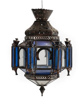 Lot 373 - A Spanish Neo-Mudejar Patinated Copper Hall Lantern, late 19th/early 20th century, of hexagonal...
