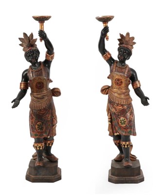 Lot 374 - A Pair of Venetian Carved and Painted Wood Blackamoor Torchère Figures, in 17th century style,...