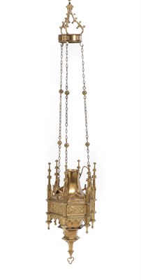 Lot 380 - A Gothic Style Gilt Bronze Sanctuary Lamp, 19th century, with foliate knopped finials and...